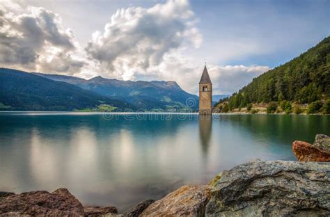 The Bell Tower Of The Sunken Church In Curon Resia Lake Bolzano