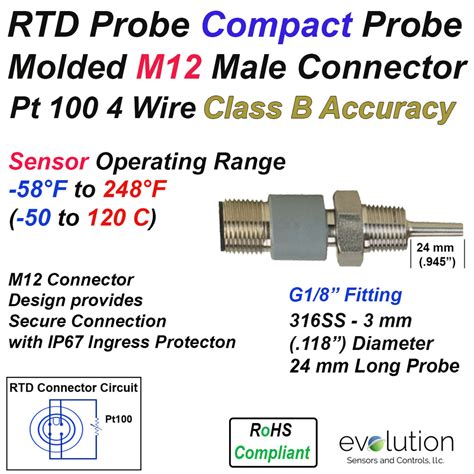 Compact 4 Wire Rtd Probe M12 Connector G18 Fitting 1 Long Probe
