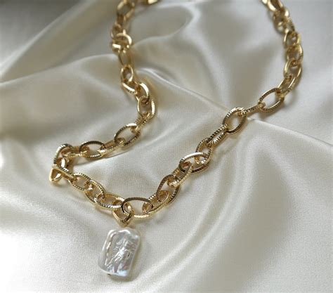 Baroque Pearl Necklace Chunky Gold Chain With Square Pearl Etsy