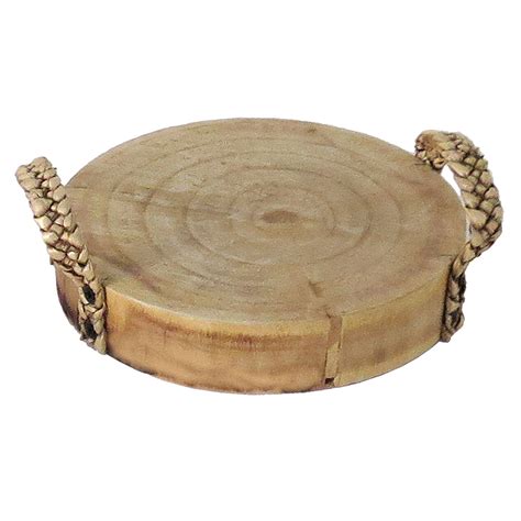 Round Wooden Tray with Woven Handles, 9
