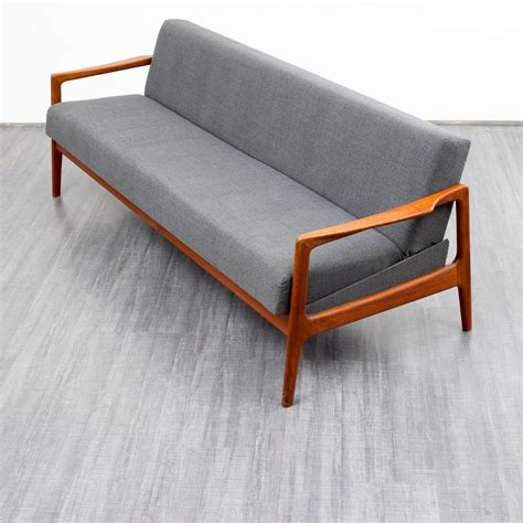 Scandinavian grey 3 seater sofa bed in teak - 1960s - Design Market