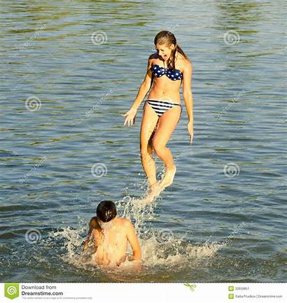 River Jumping Teenage Boys Shoulders Bathing