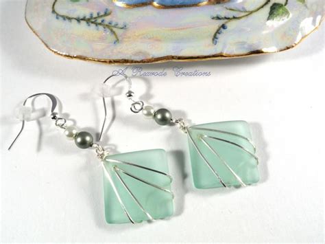 Green Beach Glass Earrings Wire Wrapped Cultured Sea Glass Etsy