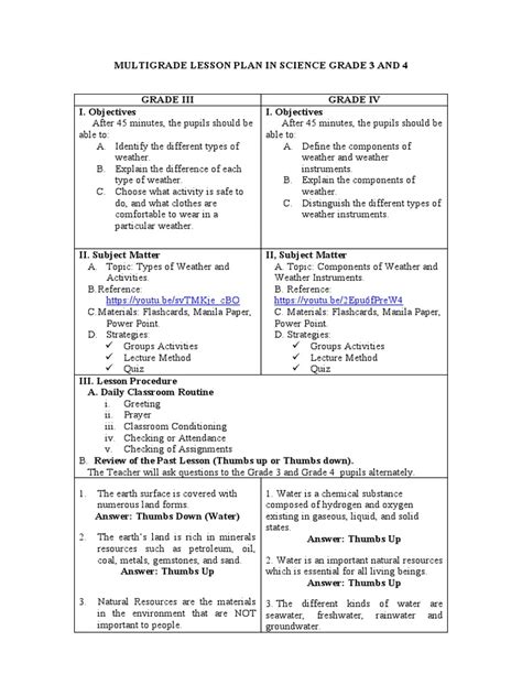 Multigrade Lesson Plan In Science Grade 3 And 4 Pdf Water Weather