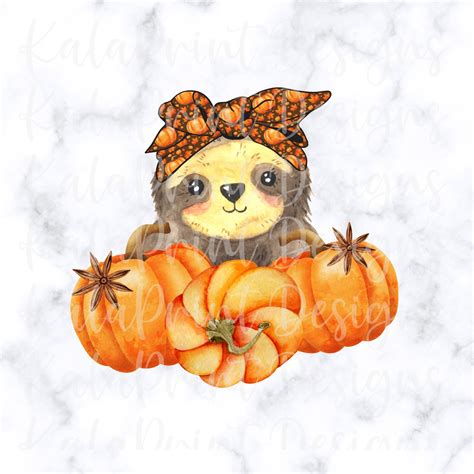 Cute Pumpkin Sloth With Headband And Pumpkins Fall Png Autumn Etsy
