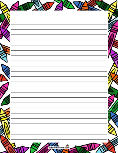 Printable ruled paper, writing and bordered blank paper in a variety of colors for everyday school, holidays and home. Printable Crayon Stationery