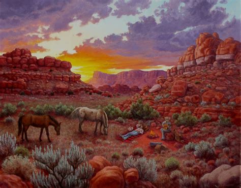 A Painting Of Two Horses Grazing In The Desert With A Man Laying On The