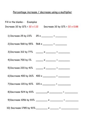 Percentage Increase And Decrease Using A Multiplier Fill In The