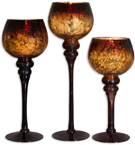 Set Of 3 Brown Mercury Crackle Finished Glass Hurricane Candle Holders ~ Decorative Sphere Ball