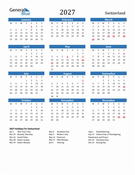 Switzerland 2027 Calendar With Holidays
