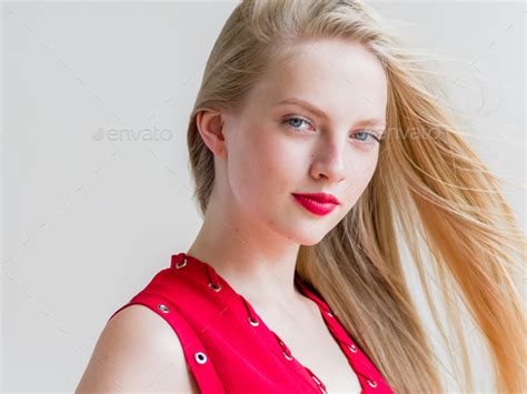 Nice Woman In Red Dress Blonde Short Hair Fashion Female Portrait Cute