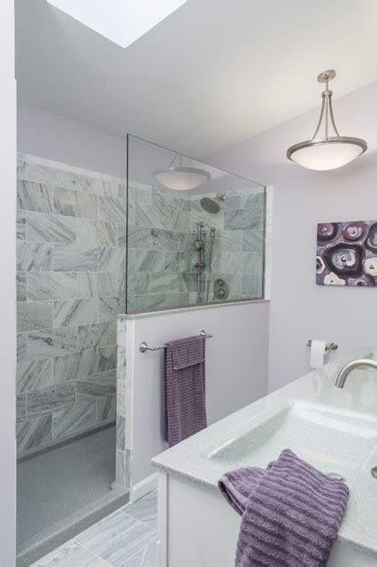 Classy primary bathroom decorated with a framed artwork and a gorgeous flower vase that sits on a dark wood pedestal. Purple and Gray Bathroom - Contemporary - Bathroom - St Louis - by SWAT Design Team for ...