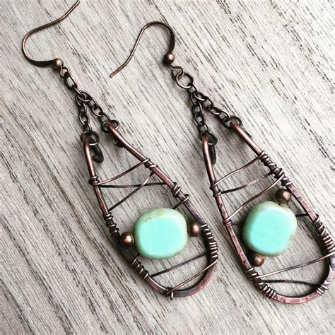 Wire Wrapped Statement Earrings Czech Glass Copper Wire Wrapped Dangle