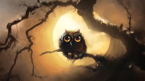 Download Wallpaper 2048x1152 Cute Black Owl Night Full Moon Art