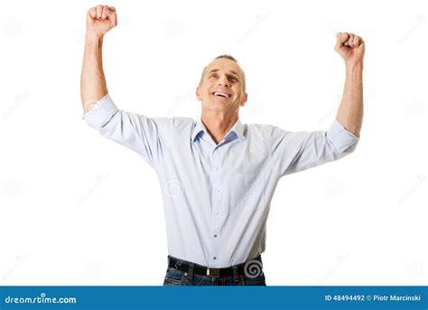 Portrait Of Cheerful Man With Hands Up Stock Photo Image Of Positive