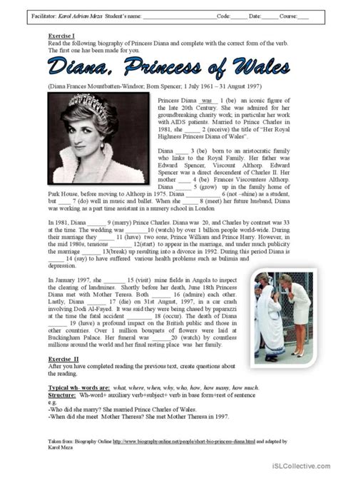 Princess Diana Biography General Gr English Esl Worksheets Pdf And Doc