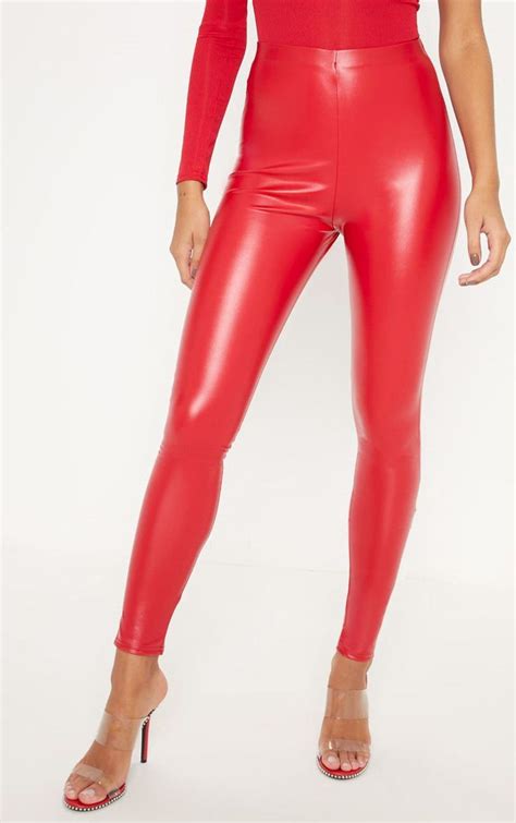 Red Faux Leather Ruched Bum Legging Leggings And Heels Shiny Leggings