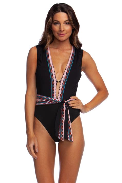 Belted Plunge One Piece Swimsuit Black 1 Plunging One Piece Swimsuit Kenneth Cole Tres Chic