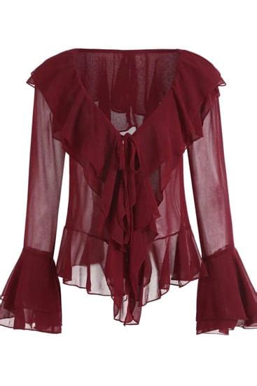 Tiered Flare Sleeve Ruffles Plunge Blouse Wine Red