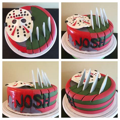 Four Different Pictures Of A Cake Decorated Like A Mask With Forks And