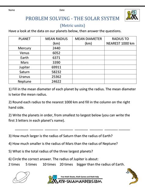 Middle School Math Problems The Solar System Metric