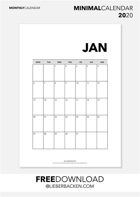 Freebie Minimal Calendar 2020 Minimalistischer Kalender 2020