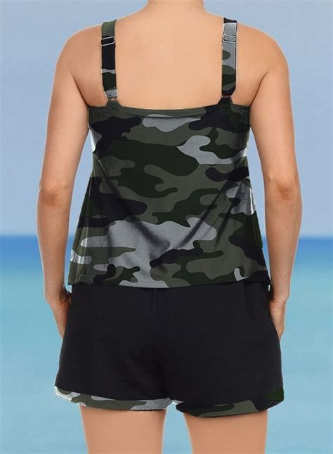 Womens Plus Size Swimwear Camouflage Tankini With Shorts U Neck Ruched