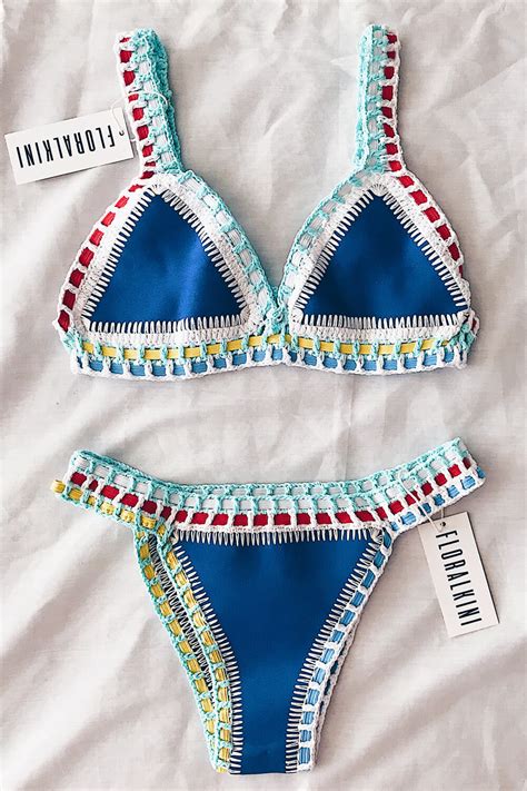 Blue Handmade Crochet Reversible Triangle Bikini Top Floralkini