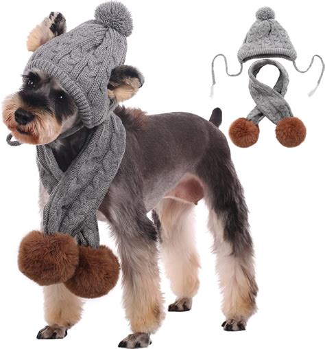 Kuoser Dog Hat And Scarf Set Dog Knitted Hat Pet Christmas Winter Warm