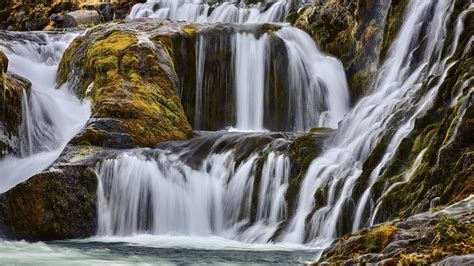 Waterfalls On Green Algae Rocks Pouring On River Hd Nature Wallpapers