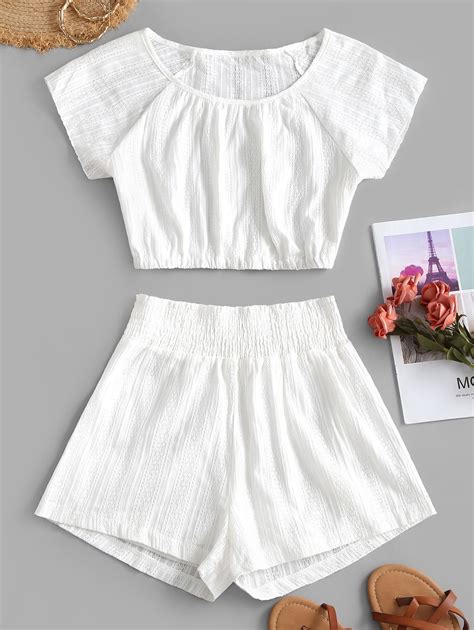 Shirred Textured Co Ord Set White Co Ord Set Fashion Types Of Sleeves