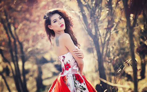 wallpaper women outdoors model looking at viewer red asian dress fashion spring huu