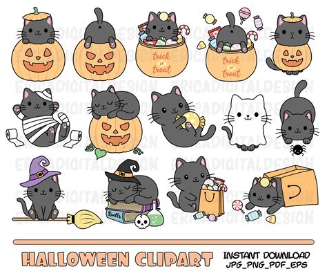 Halloween Cat Clipart Set Cute Halloween Black Cats Clip Art Kawaii