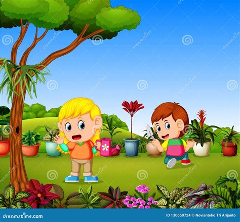 Little Girl Watering Plants And A Boy Planting In A Garden Stock Vector