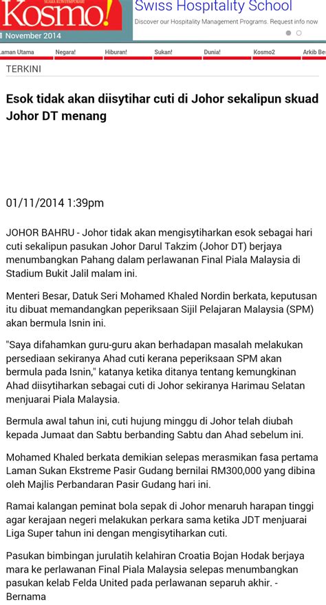 Ibu2.esok cuti umum utk rakyat perak.mike2 yg nak scan 3d4d dtg ler, diskaun esok 10% masih ada wlupun esok public holiday. Johor Tidak Diisytihar Cuti Esok Walaupun JDT Menang - Mia ...