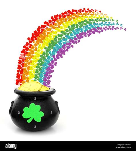 St Patricks Day Pot Of Gold With Colorful Shamrock Rainbow Stock Photo