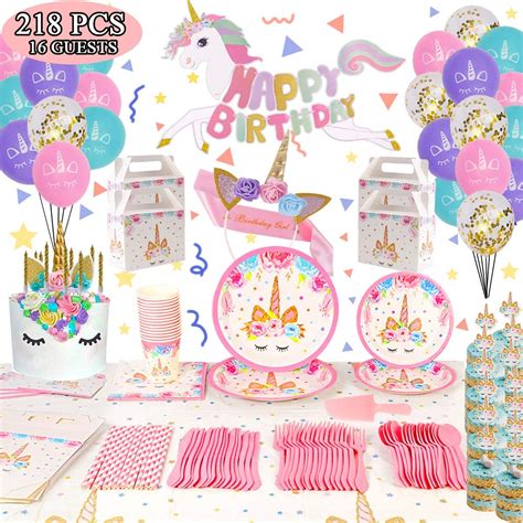 218 pack unicorn party supplies set unicorn birthday packs includs flatware spoons plates