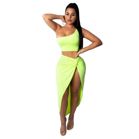 2019 Women Sexy Two Piece Set Summer Beach Fluorescent Green 2 Piece
