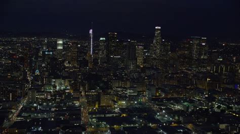 8k Aerial Video Of Staples Center And Skyscrapers At Night In Downtown