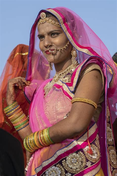 Indian Young Girl On Time Pushkar Camel Mela Rajasthan India Close