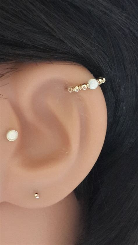 White Opal Cartilage Earring Gold Beaded Helix Hoop Silver Etsy