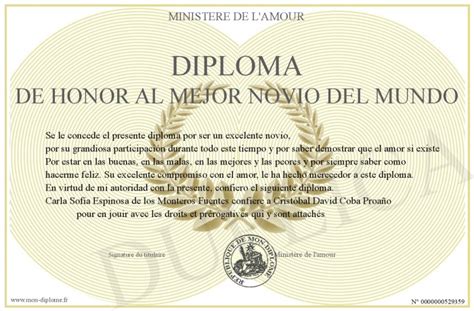 Diploma De Honor Al Mejor Novio Del Mundo