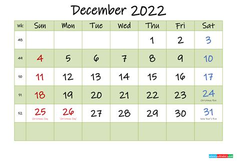 December 2022 Calendar With Holidays Printable Template K22m456