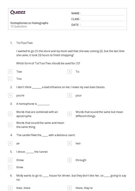 50 Homophones And Homographs Worksheets On Quizizz Free And Printable