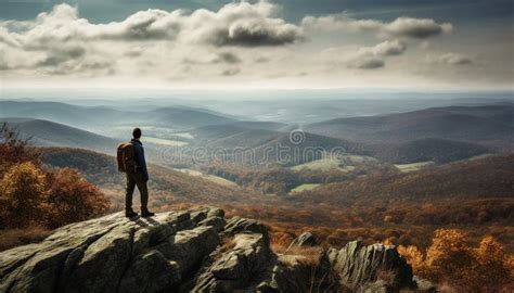 Men Hiking Mountain Peak Standing On Cliff Generated By Ai Stock Photo