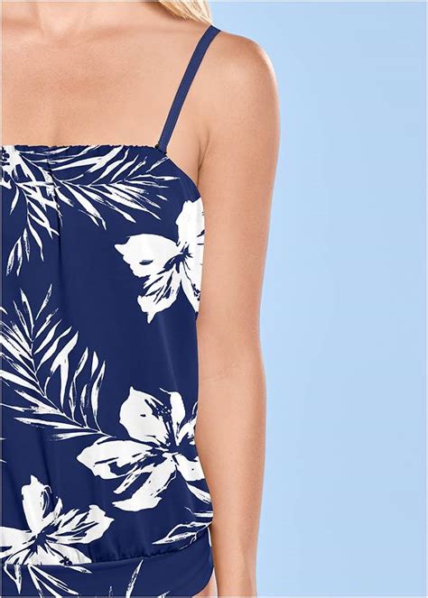 Plus Size Blouson Bandeau Tankini Top In Navy Blue Hibiscus Bikini