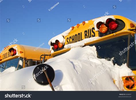 School Buses In A Row Covered With Snow On A Sunny Winters Day Stock