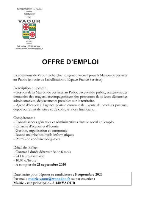 Offre Demploi Agent Daccueil Pour La Maison De Services Au Public