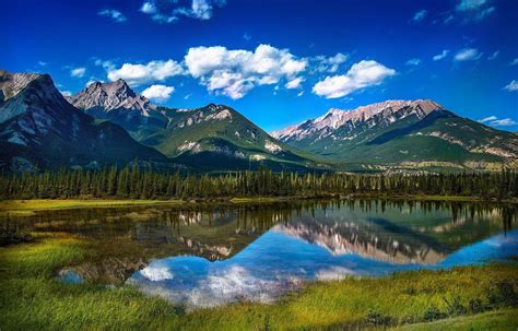 Landscape Forest Mountains Lake Nature Reflection Grass
