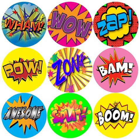 144 Super Hero Action Words Comic Themed Teacher Reward Stickers